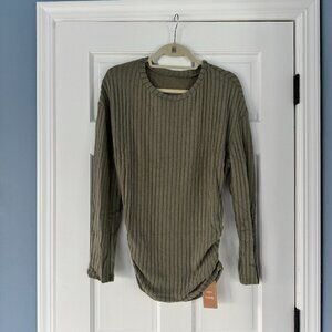 NWT SHEIN Frenchy Olive Ribbed Ruched Tee Size Medium Drop Shoulder Long Sleeve